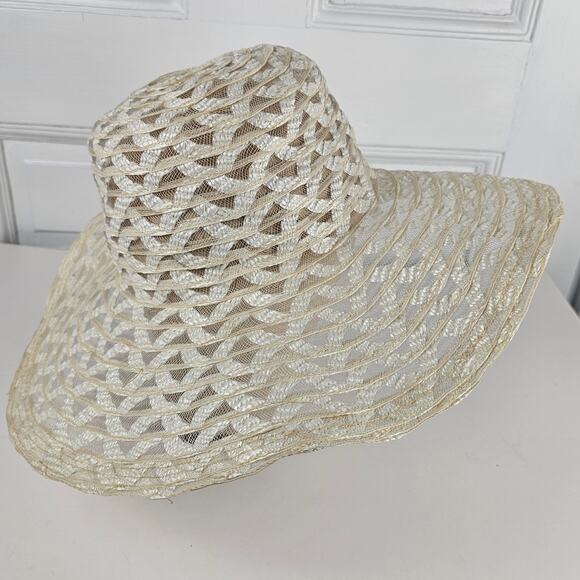 VTG 1970s wide brim sheer Hat crisscross  prairie cottage boho bridesmaid - Picture 6 of 10